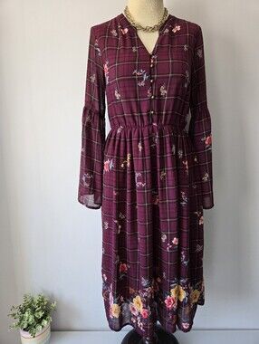 Orange Creek Burgundy Plaid Floral Long Sleeve Midi Dress. Size Small